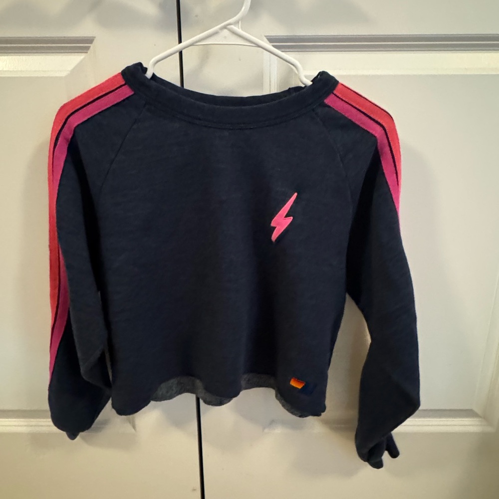 Aviator Nation Navy Sweatshirt with Pink and Orange Stripes